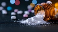 White pills and powder spilling from amber prescription bottle on dark surface with colorful bokeh lights in background, dramatic medical concept.
