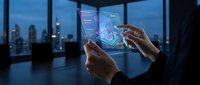 Business professional using futuristic holographic technology interface with glowing data visualization in modern office overlooking city skyline at night.