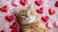 Ginger cat with happy expression lying on pink background surrounded by red and pink heart decorations, Valentine's day pet portrait with romantic mood.