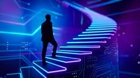 Young adult male, appearing to be of mixed ethnicity, wearing dark business attire, ascending illuminated neon steps in futuristic digital environment with blue and purple lighting, representing career growth and technological advancement.