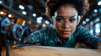 Young African American female engineer in safety glasses examining industrial equipment in manufacturing facility with bokeh lights in background.