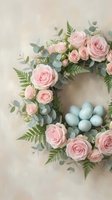 Easter wreath with pink roses, eucalyptus leaves, ferns and blue speckled eggs on neutral background for spring holiday decoration and seasonal crafts.
