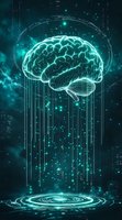 Glowing cyan brain hologram with digital rain effect and circular platform against dark background, representing artificial intelligence and neural networks.