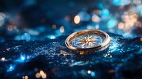 Vintage brass compass on dark textured surface with magical blue bokeh lights and glowing sparkles creating mystical navigation atmosphere.