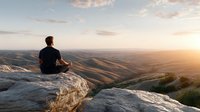 Young man meditating on mountain peak during golden hour sunset with panoramic valley view. Peaceful mindfulness and wellness concept for relaxation.