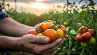 Farmer hands holding fresh ripe tomatoes in organic vegetable garden at sunset. Harvest time concept for healthy eating and sustainable agriculture.