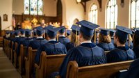 Graduation ceremony in chapel with students wearing navy blue caps and gowns seated in wooden pews, stained glass windows creating warm atmosphere.