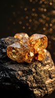 Raw amber gemstones on weathered wood with golden bokeh lights creating warm atmospheric luxury jewelry and mineral collection background.