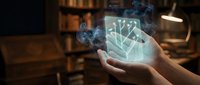 Hands holding glowing holographic growth chart with upward arrows, representing financial success, data analysis, and digital innovation in modern business environment.