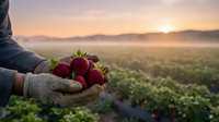 Farmer hands holding fresh ripe strawberries at sunrise over agricultural field. Organic fruit harvest concept for healthy eating and sustainable farming.