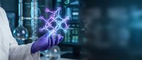 Scientist in white lab coat and purple gloves holding glowing molecular structure hologram in modern laboratory with data screens, representing biotechnology research and innovation.