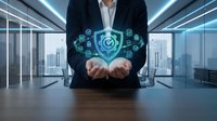 Business professional displaying holographic cybersecurity shield with digital icons in modern office environment for corporate data protection concepts.