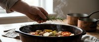 Hands adding fresh rosemary to sautéed vegetables and meat in cast iron skillet during cooking preparation.