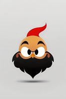 Angry cartoon bird character with red mohawk hairstyle and black beard on gray background. Isolated mascot design for games, stickers and merchandise.