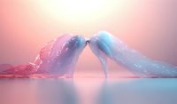 Abstract fluid shapes in pink and blue colors kissing or touching at their peaks, creating ethereal movement against soft gradient background with reflection.