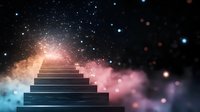 Mystical stairway leading into starry cosmos with pink and blue nebula clouds, glowing steps ascending into infinite space against dark background.