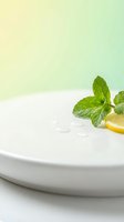 Fresh mint leaves and lemon slice arranged on white ceramic plate with water droplets against soft yellow-green gradient background for spa, wellness, skincare and cosmetic product marketing.