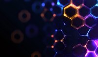 Glowing hexagonal molecular structure with vibrant orange, purple and blue neon lights on dark background, abstract science and technology concept.