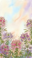 Watercolor floral frame with purple and pink cleome flowers on pastel rainbow background for wedding invitations and greeting cards.