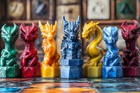 Colorful dragon-themed chess pieces in vibrant metallic finishes arranged on wooden board for strategic gaming and fantasy tabletop entertainment.