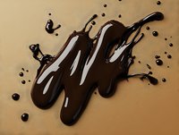 Dark chocolate liquid splash with droplets on beige background, dynamic fluid motion captured in high detail, glossy texture creates dramatic contrast.