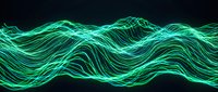 Glowing neon wave with flowing lines in cyan and green tones against dark background, suitable for tech, music, and digital design projects.