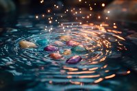 Colorful healing crystals in dark water with golden bokeh lights creating magical ripples and reflections. Spiritual wellness concept for meditation practices.