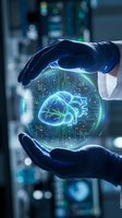 Hands protecting glowing digital brain with circuit patterns representing artificial intelligence, machine learning and neural network technology innovation.