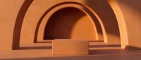 Minimalist orange podium with geometric arches in warm terracotta tones for product display and branding presentations.
