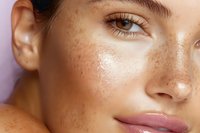 Close up portrait of young Caucasian woman with natural freckles, glowing dewy skin, pink glossy lips and long eyelashes against purple background. Beauty and skincare concept.