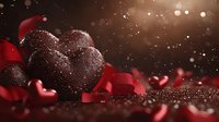 Dark chocolate heart with red silk ribbons and romantic sparkles on brown background, soft focus Valentine's day composition with bokeh effect.