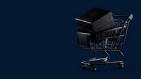 Shopping cart filled with black gift boxes on dark blue background, representing online retail, e-commerce sales, and holiday shopping concepts.
