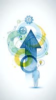 Abstract business growth concept with blue arrow, gears and human figure on light background for corporate presentations and marketing materials.