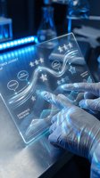 Scientist in gloves using futuristic holographic interface with star rating system and customer journey analytics in modern laboratory setting.