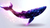 Magical cosmic whale silhouette filled with sparkling galaxy pattern in purple and blue colors against light background, glowing stars and nebula effects create dreamy atmosphere.