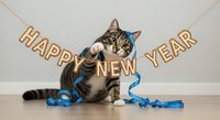 Tabby and white cat wearing blue party hat surrounded by gold Happy New Year banner and blue ribbon on white background, celebrating holiday season and festive occasions.