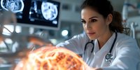 Young female medical professional in white coat examining glowing orange holographic brain scan display in modern hospital laboratory setting.
