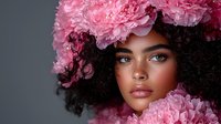 Young African American woman with natural curly hair adorned with pink peonies against dark background, showcasing fresh spring beauty look with glowing skin and neutral makeup.