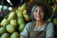Senior Asian woman vendor with straw hat smiling at local market surrounded by fresh melons and tropical fruits.