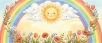Cheerful sun with smiling face surrounded by rainbow arc and fluffy clouds above colorful wildflower meadow. Whimsical children's illustration on light background.