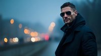 Confident man in black coat and sunglasses standing on urban street at dusk with blurred city lights in background creating atmospheric mood.