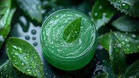 Fresh green aloe vera gel in glass jar surrounded by wet plant leaves with water drops, natural organic skincare and beauty product for spa treatments.
