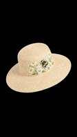 Straw sun hat with bumble bee and daisy floral print, isolated on transparent background, ready for T-shirt design, stickers, clipart, and print on demand use.