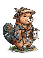 Adorable beaver character wearing traditional Asian straw hat and ornate patterned robe, holding decorative lantern. Isolated clipart suitable for children's books, greeting cards, and apparel design.