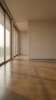 Modern empty room interior with polished concrete floors and floor-to-ceiling windows creating bright minimalist space for contemporary design projects.