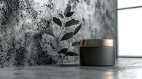 Minimalist black cosmetic jar with rose gold lid against textured concrete wall, green plant shadow creates elegant composition for luxury skincare branding.