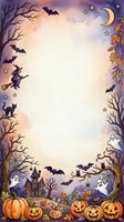 Halloween watercolor frame with spooky elements, pumpkins, ghosts, bats, witch, haunted house, autumn leaves, moon and stars on textured background for seasonal designs.