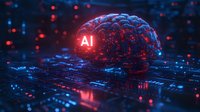 Glowing brain with AI text on circuit board background illuminated in neon red and blue lights, representing artificial intelligence and machine learning technology.