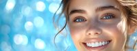 Young Caucasian woman with bright smile, blue eyes and natural makeup against blurred blue bokeh background showing white healthy teeth and glowing skin.