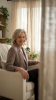 Happy senior Caucasian woman with gray hair sitting on beige armchair in bright living room with plants and curtains, smiling warmly at camera in comfortable home setting.